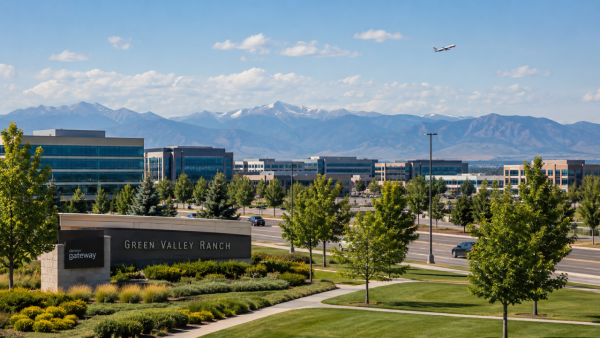 Scenic view of Gateway and Green Valley Ranch in Denver with office buildings, landscaped streets, mountain views, and an airplane overhead