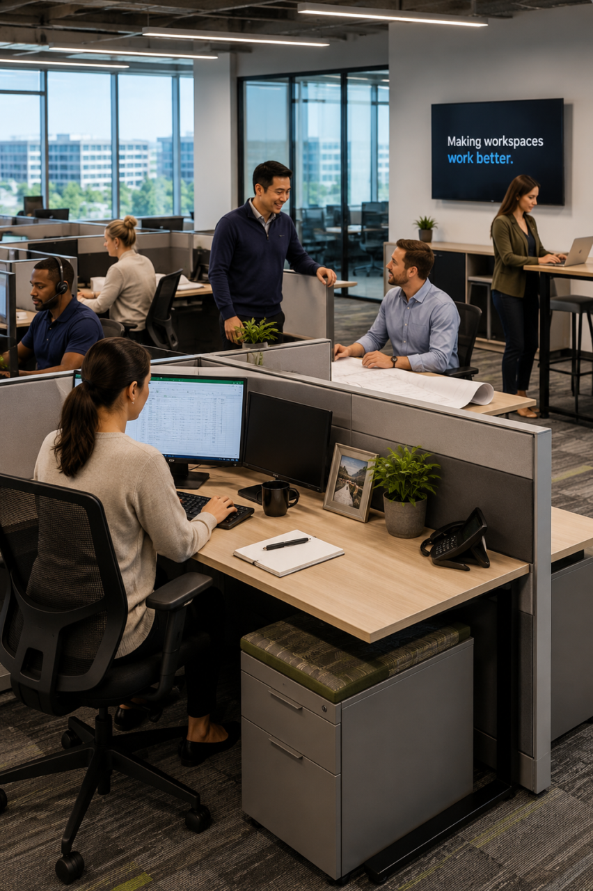 Diverse team working in a modern open-plan office with cubicles and collaborative workspaces in Gateway and Green Valley Ranch, Denver