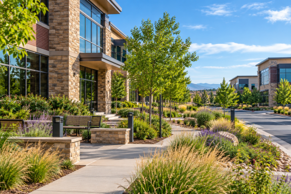 Landscaped commercial office buildings representing a Highlands Ranch business district