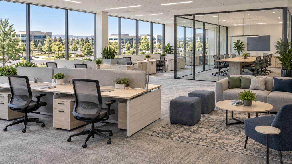 Modern office with light workstations and ergonomic chairs in Highlands Ranch