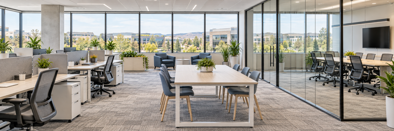 Bright modern office with light workstations, collaborative tables, and a glass conference room