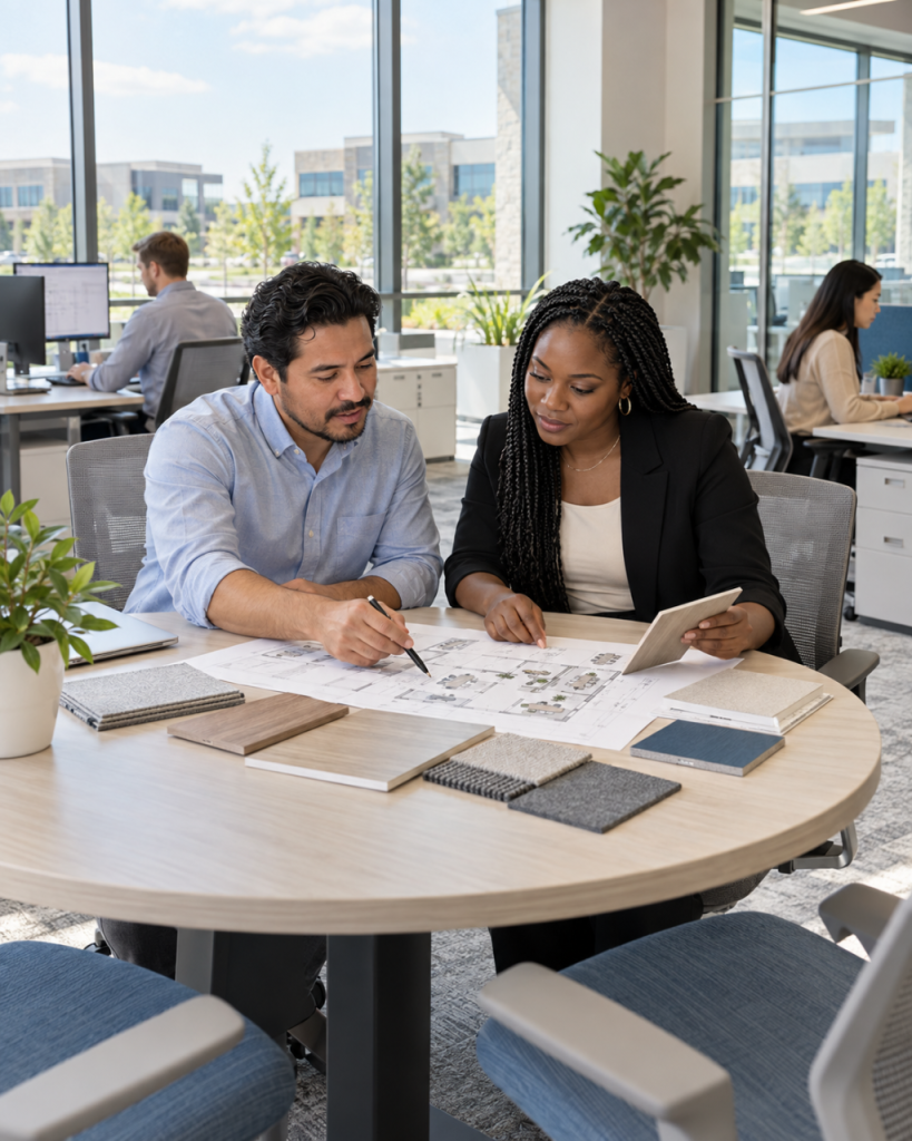 Professionals reviewing an office furniture plan and finish samples in Highlands Ranch
