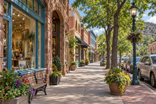 Historic storefronts along a tree-lined sidewalk in Manitou Springs