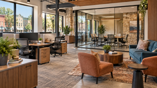 Modern office with workstations and historic Manitou Springs storefronts