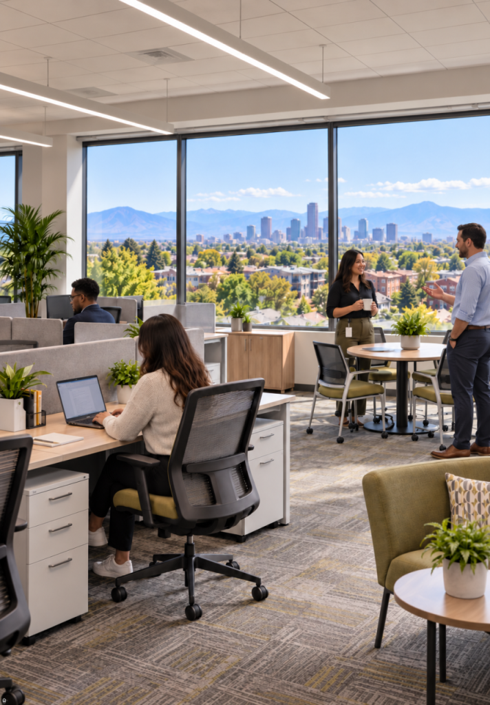Employees working in a modern Montbello Denver office with desks, ergonomic chairs, collaborative space, and skyline views
