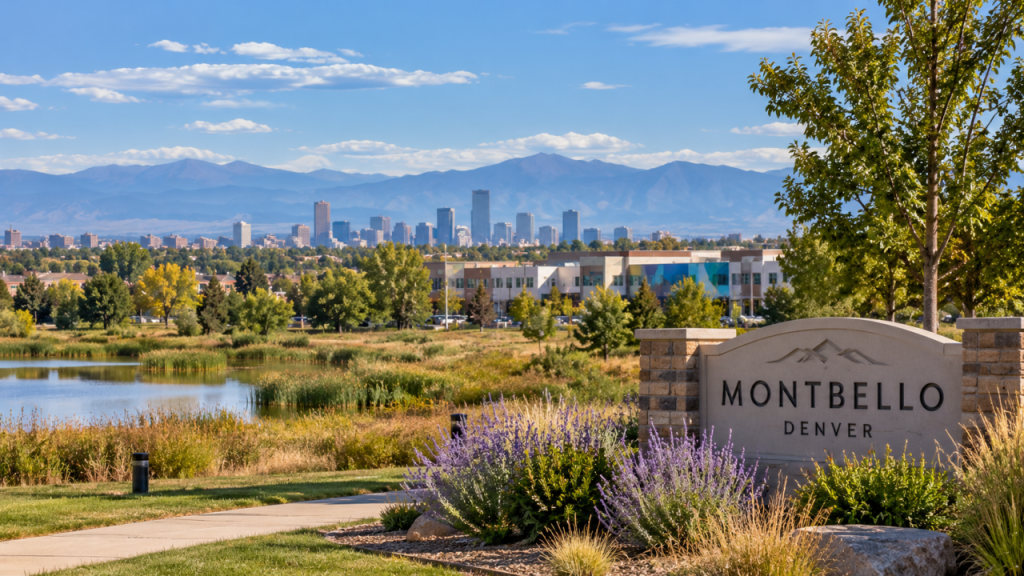 Scenic view of Montbello in Denver with neighborhood landscaping, a pond, downtown skyline, and Front Range mountains in the distance