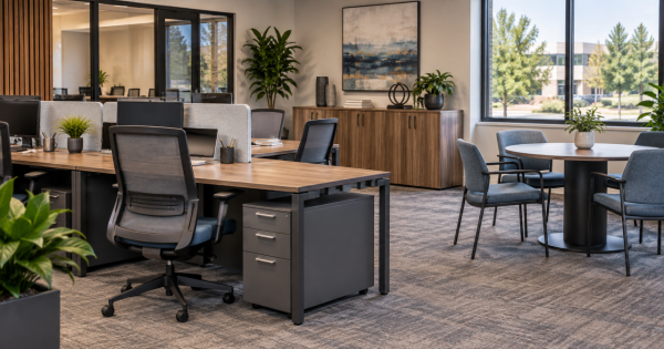 Modern office furniture with workstations and ergonomic chairs near North Academy Boulevard in Colorado Springs