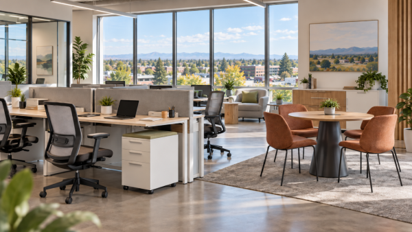 Modern office furniture in a bright Arvada workspace with desks, ergonomic chairs, cubicles, meeting seating, and mountain views