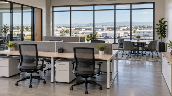 Modern office furniture in a Commerce City workspace with desks, ergonomic chairs, workstations, meeting space, and nearby industrial buildings