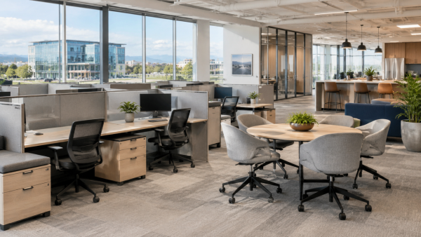 Modern office workstations, ergonomic chairs, and collaborative space representing office furniture for Gateway and Green Valley Ranch businesses in Denver