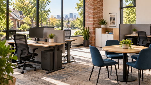 Modern office furniture in a bright Denver workspace near Park Hill with desks, ergonomic chairs, cubicles, and a meeting table