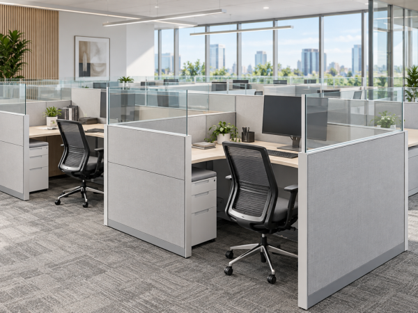 Office furniture planning with floor plan, finish samples and furniture selections.