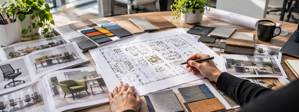 Office furniture space planning with floor plans, finish swatches and furniture selections