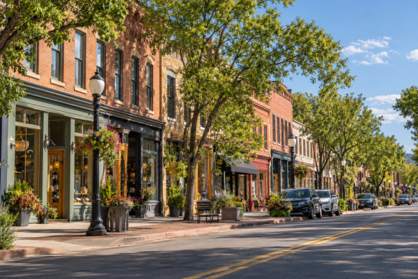 Historic storefronts along a tree-lined street in Old Colorado City
