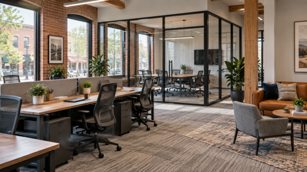 Modern office with workstations and historic brick details in Old Colorado City