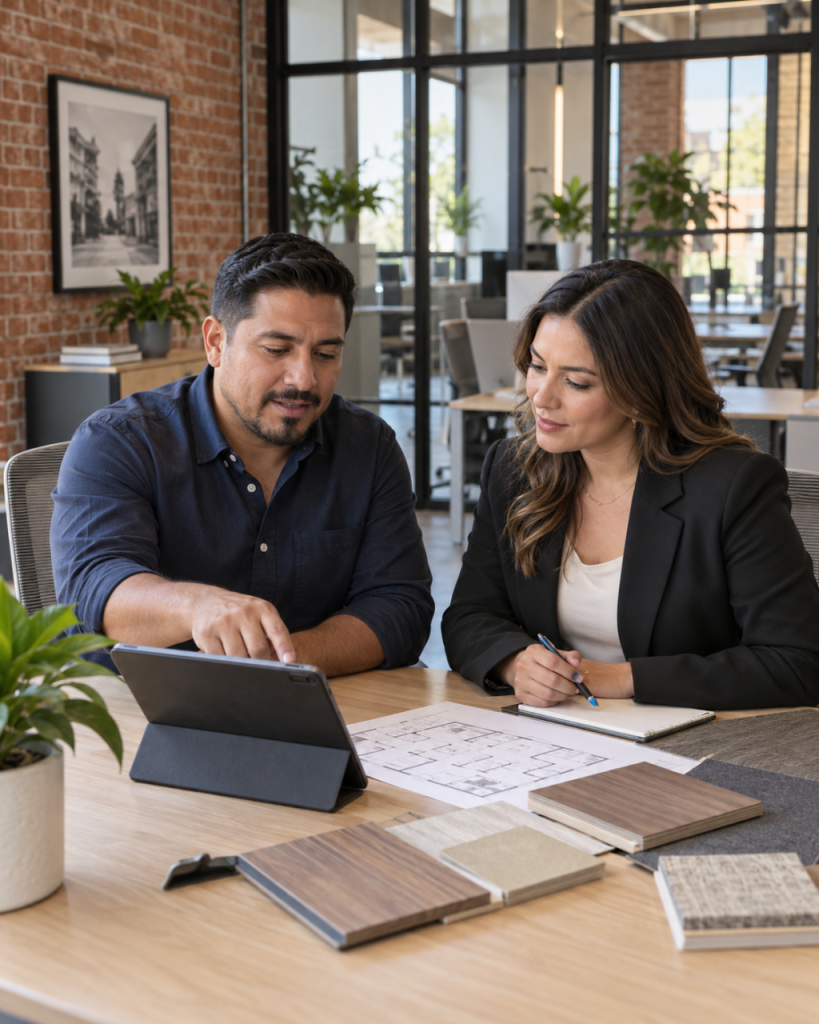 Old Colorado City business owner reviewing an office furniture plan