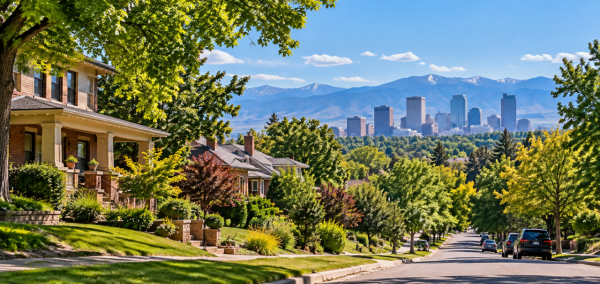Tree-lined Park Hill neighborhood in Denver with brick homes, a sloping residential street, downtown skyline, and Rocky Mountains in the distance