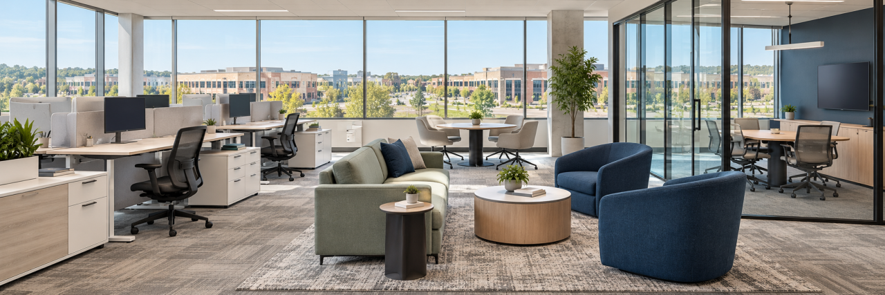Modern Parker office with sit-stand workstations, collaborative seating, and a glass meeting room