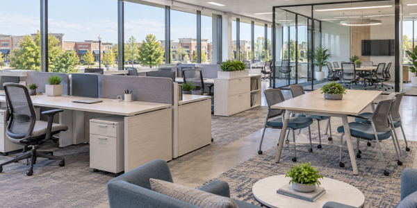 Modern Parker office with light workstations, ergonomic chairs, and meeting spaces