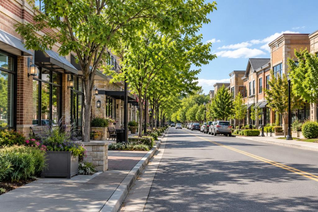 Tree-lined commercial street representing Parker’s local business community