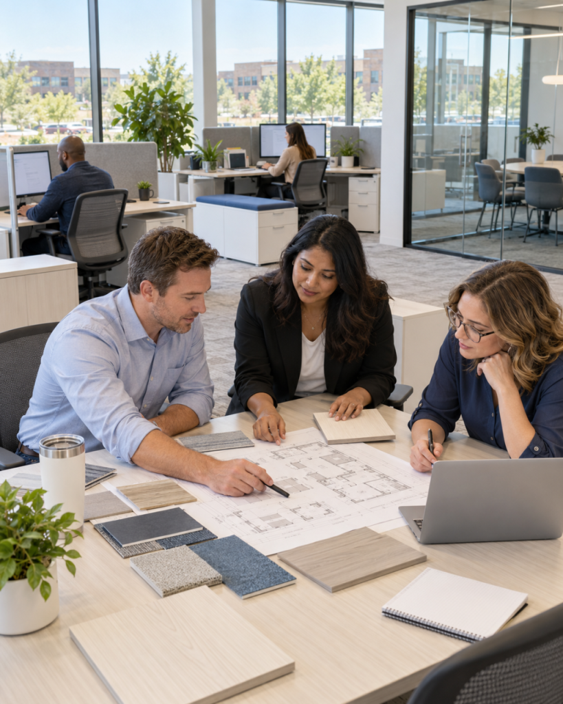 Diverse team reviewing an office plan and furniture finishes in a Parker workplace