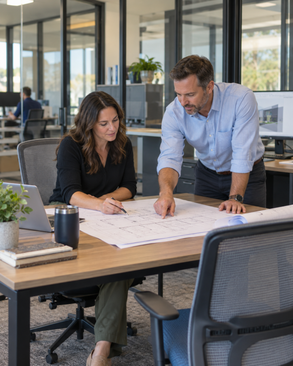 Professionals reviewing an office plan in a modern workplace