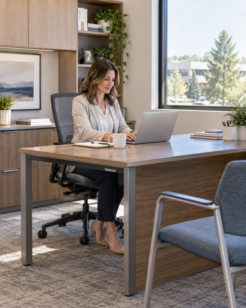 Professional woman working at an ergonomic desk in a Briargate office