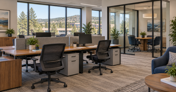 Modern office with workstations and ergonomic chairs in Rockrimmon, Colorado Springs