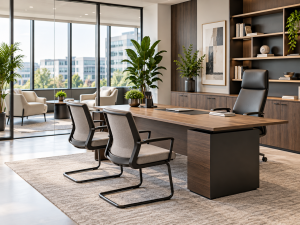 Private technology office with executive desk, guest chairs, storage wall, and adjacent shared seating area