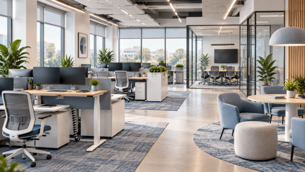 Modern technology office with workstations, reception furniture, lounge seating, and collaborative workspace areas