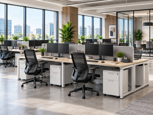 Open-plan technology office with benching desks, task chairs, privacy panels, and shared workstations
