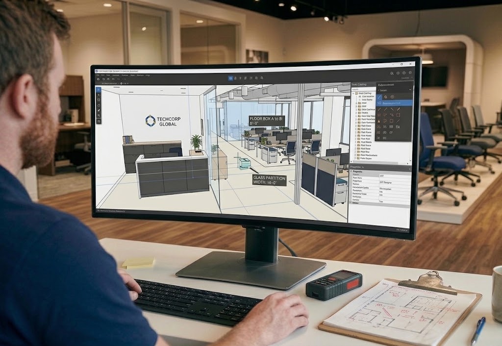 A 3D plan shown on a computer of a project manager. An office furniture project is being prepared for the customer.