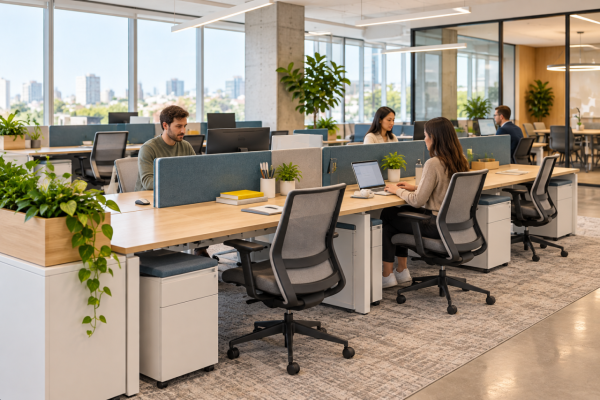 Benching workstations in an office. Long desks with privacy panels for people to work next to one another.