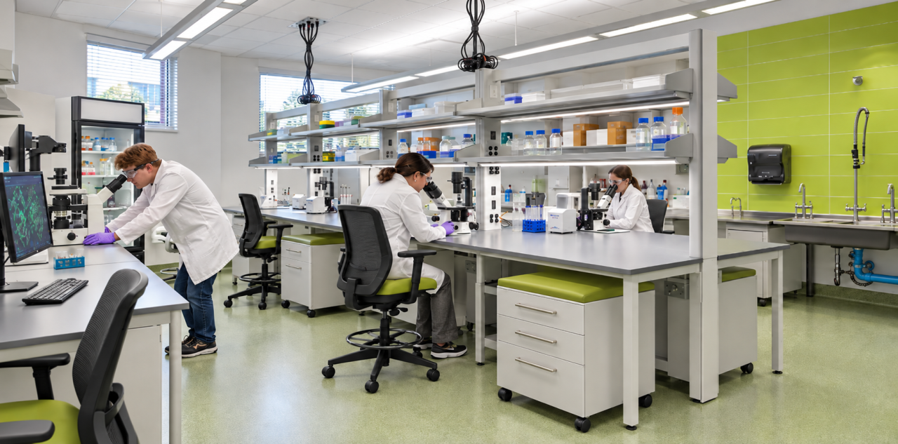 Bioscience laboratory with modern worktables, drafting stools, storage cabinets, and research staff