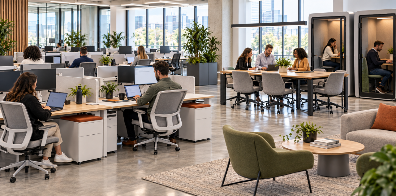 Flexible coworking office with shared workstations, meeting tables, focus booths, and lounge seating