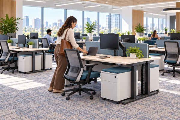 A woman arriving at work in a flex seating or reserved desk environment where people use any desk when working onsite.