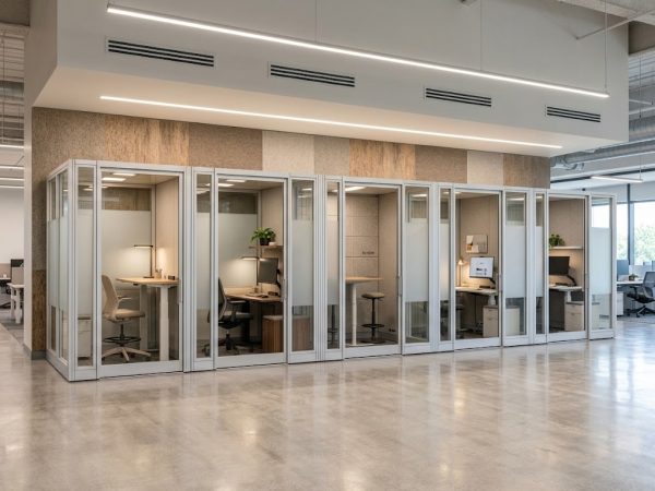 A row of privacy pods or phone booths in an office. They feature a small workspace and glass walls.