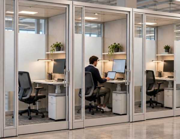 A modern glass privacy pod or quiet area. These are designed with glass walls and they have enough space for one person to work in them.