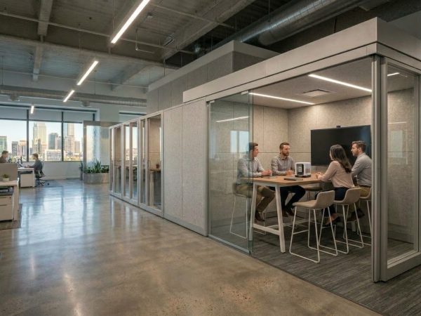 A touchdown area inside of glass walls for privacy and sound reduction. Four employees are seated around a table for five.