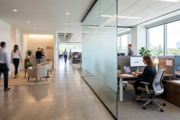 Workers in a frosted glass setting with panels around their computer monitors for both visual and voice privacy.