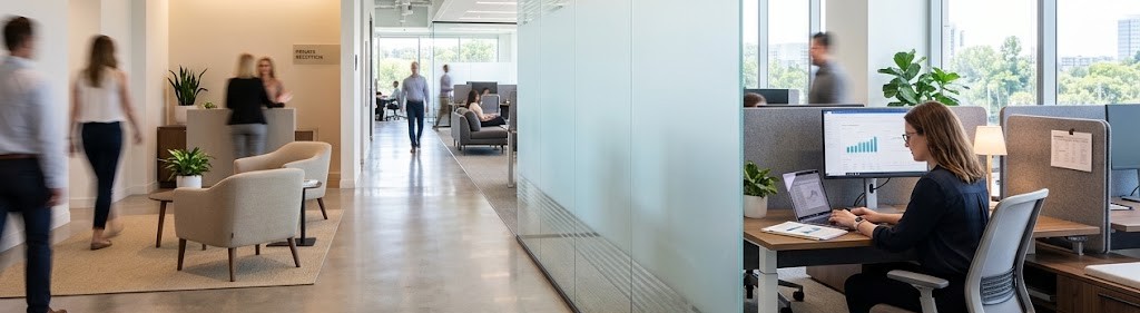 Workers in a frosted glass setting with panels around their computer monitors for both visual and voice privacy.