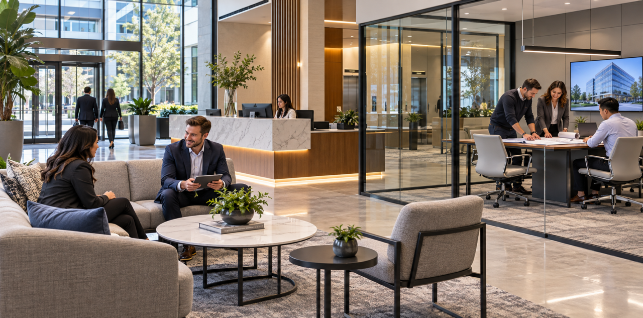Commercial building lobby and property management office with lounge seating, reception, and meeting space