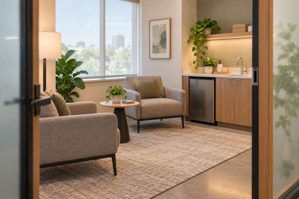 A quiet room in an office. A place with a sink and fridge where people can go to make private phone calls, recharge or even nurse.