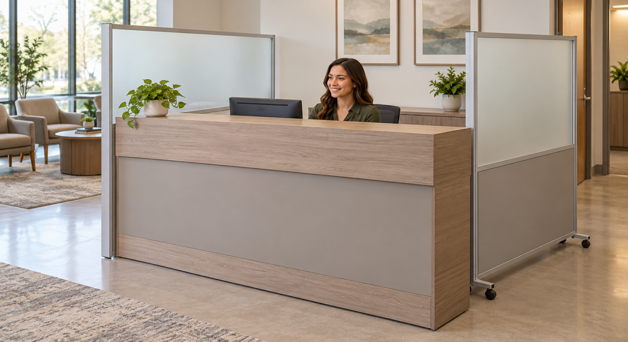 Reception desk with a raised transaction counter beside a waiting area with moveable frosted glass walls