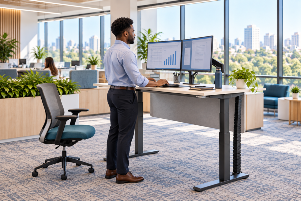 A sit stand, height adjustable desk. The user is standing at it but there is an office chair nearby for when he's ready to sit.