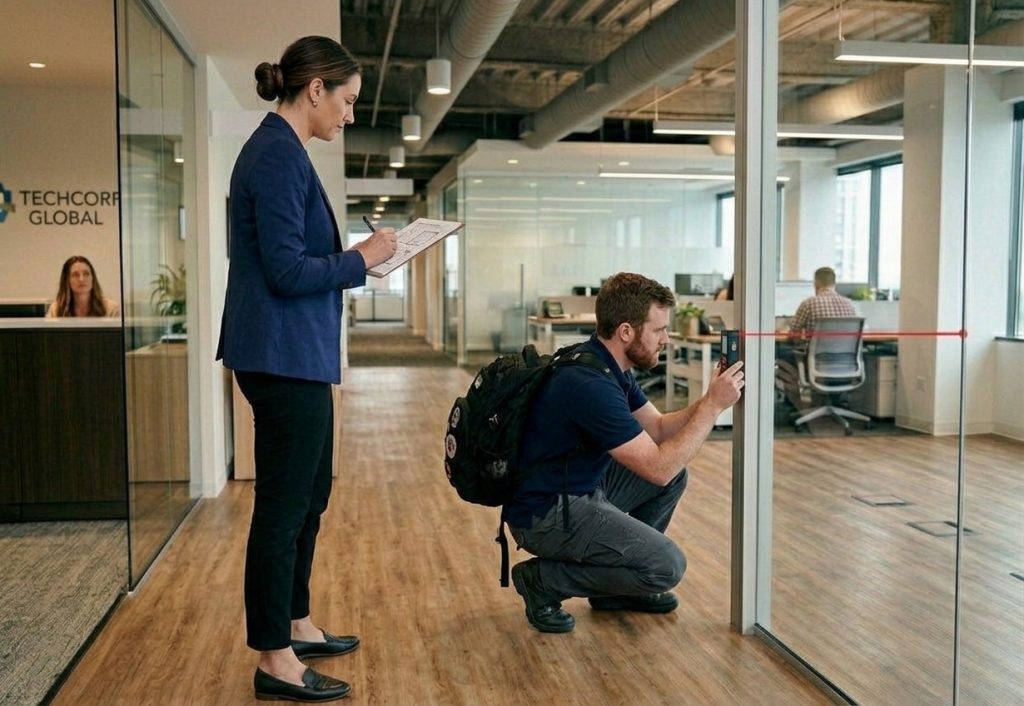 An office furniture project manager measuring an office as part of a site survey.
