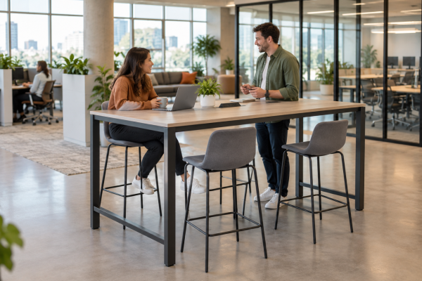 A tall table in an office setting. Bistro style stools are available for seating or employees can stand for brief huddle meetings.