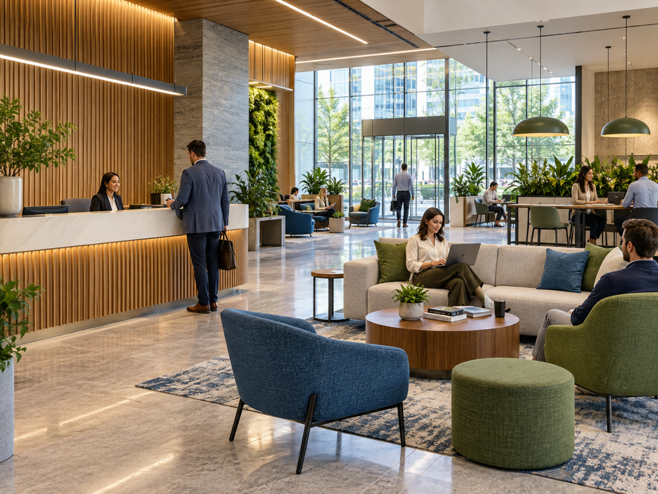 Commercial building lobby with reception furniture, lounge seating, café tables, and tenant amenity spaces