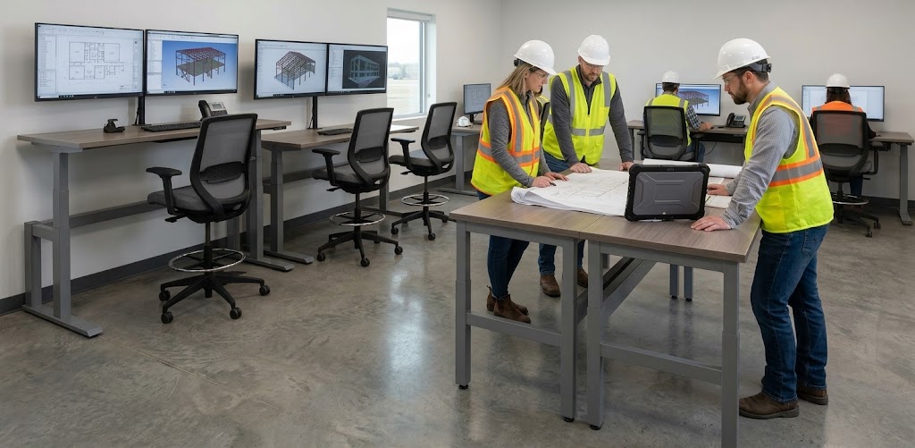 Construction team in safety vests reviewing blueprints at heavy-duty work tables in an engineering office.