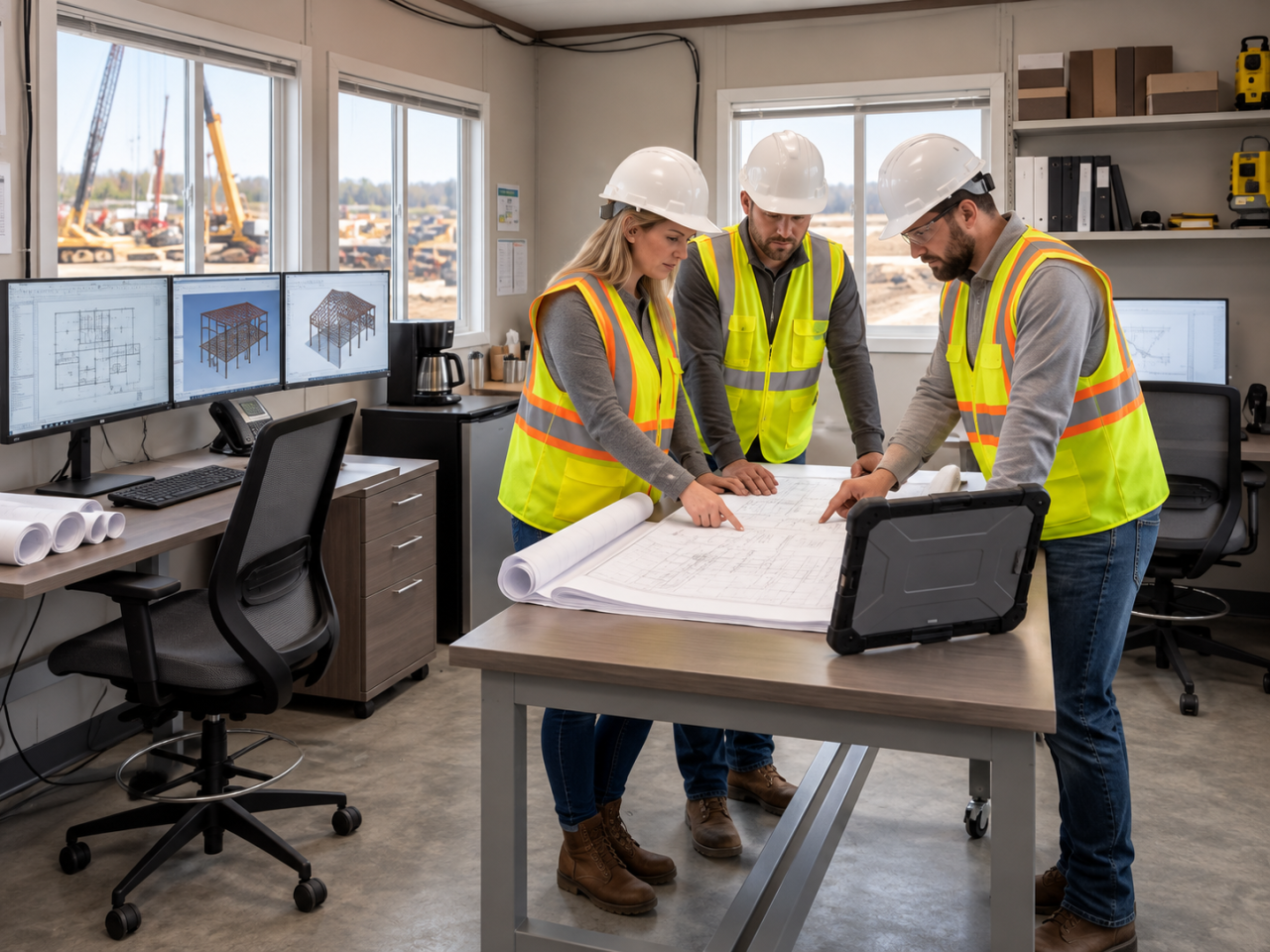 Construction team reviewing blueprints in a furnished field office